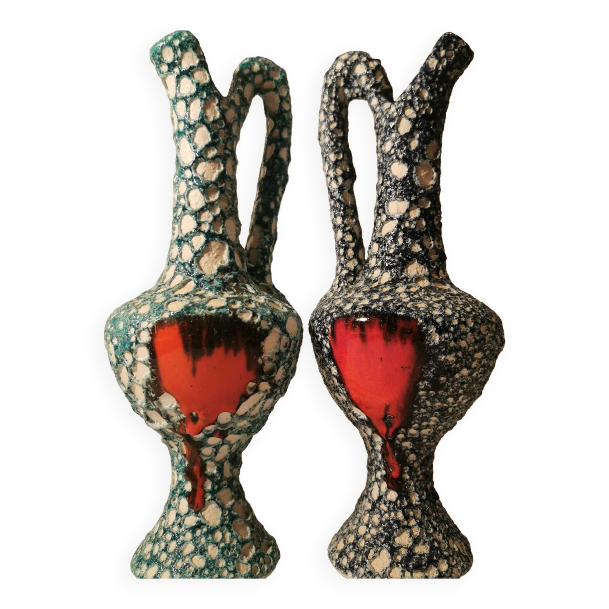Rare paire de vases anciens barbotine de vallauris style fat lava terre de lave. tons vert turquoise