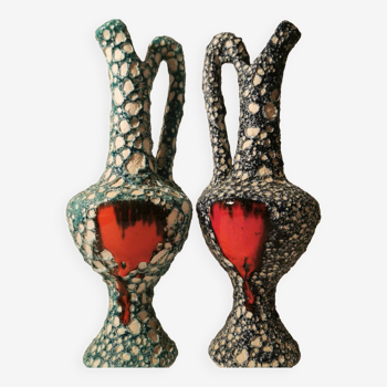 Rare paire de vases anciens barbotine de vallauris style fat lava terre de lave. tons vert turquoise