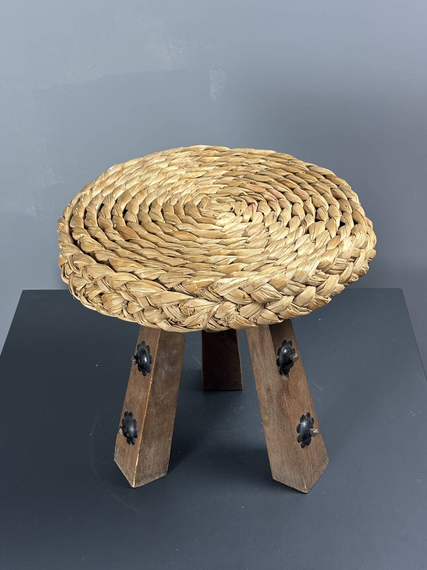 Midcentury braided rope tripod stool in the style of Audoux & Minet, 1950s