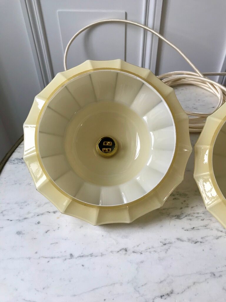 Pair of suspensions in opaline glass cream and silver border art deco 30s