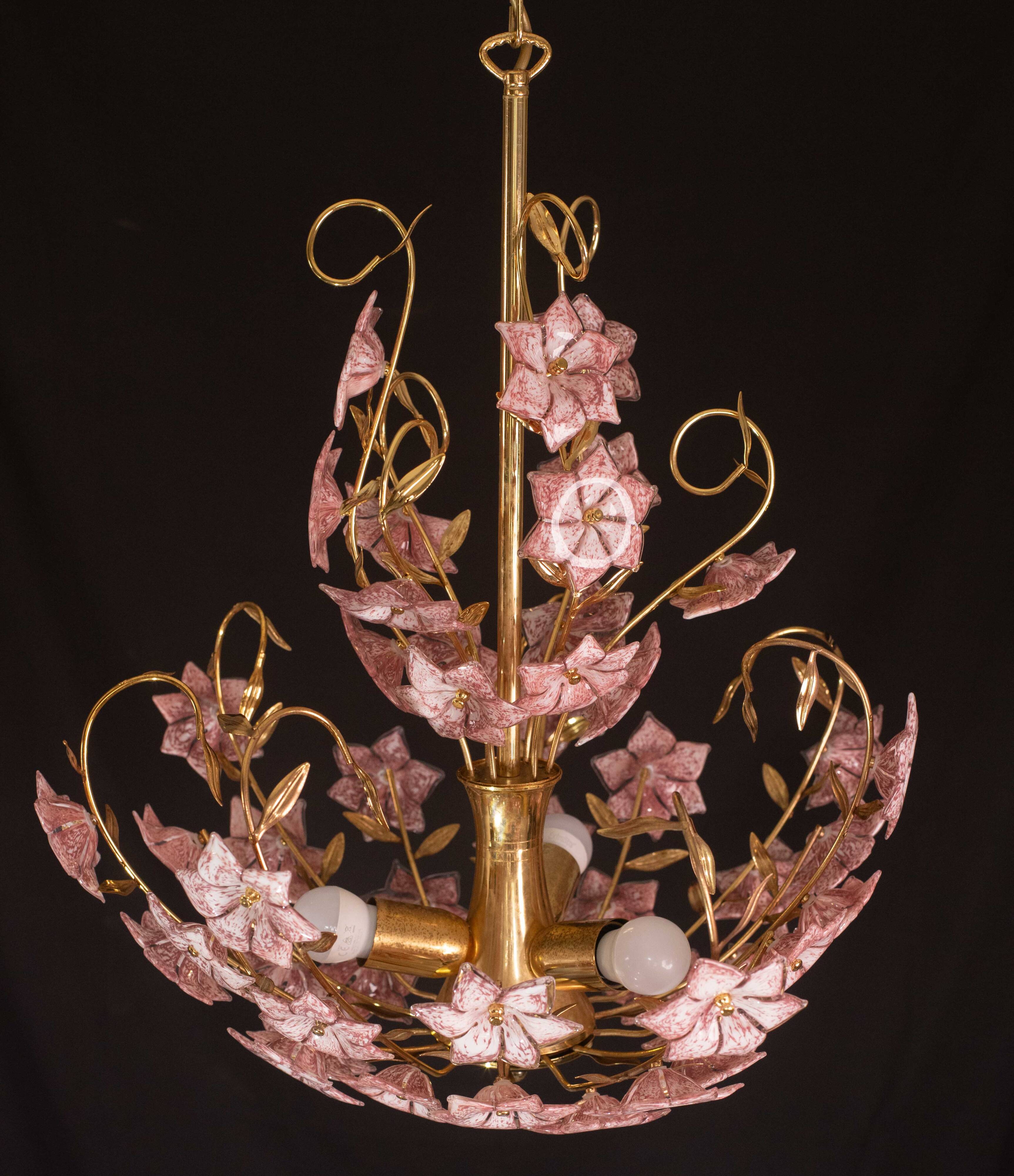 Vintage Murano Glass Chandelier Pink Flowers, 1970