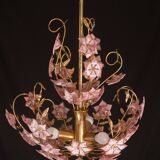 Vintage Murano Glass Chandelier Pink Flowers, 1970