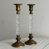 Pair of twisted metal and glass candlesticks