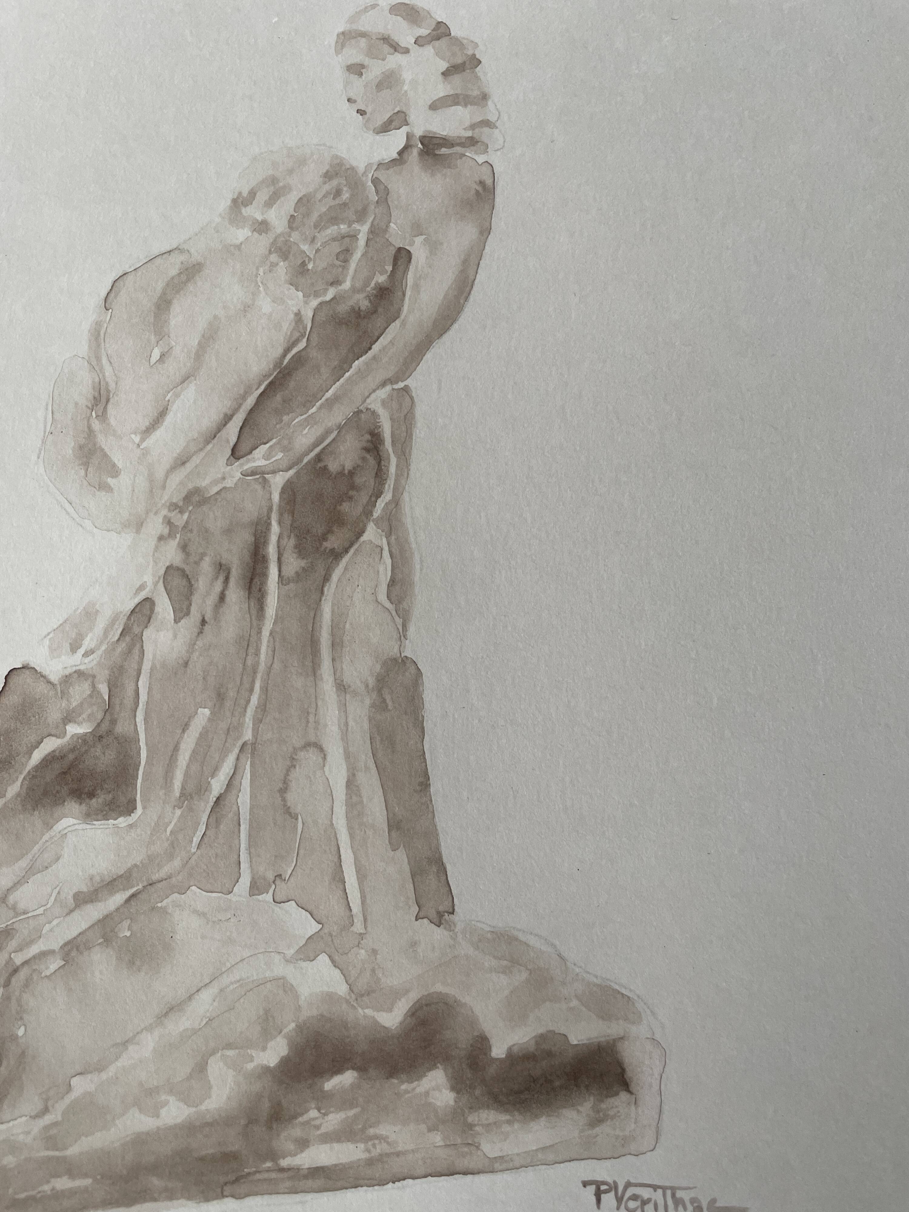 Painting signed sepia monochrome watercolor study of the statue “the eternal idol of Rodin”