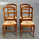 4 Louis XV chairs in solid oak and straw with shell sculptures