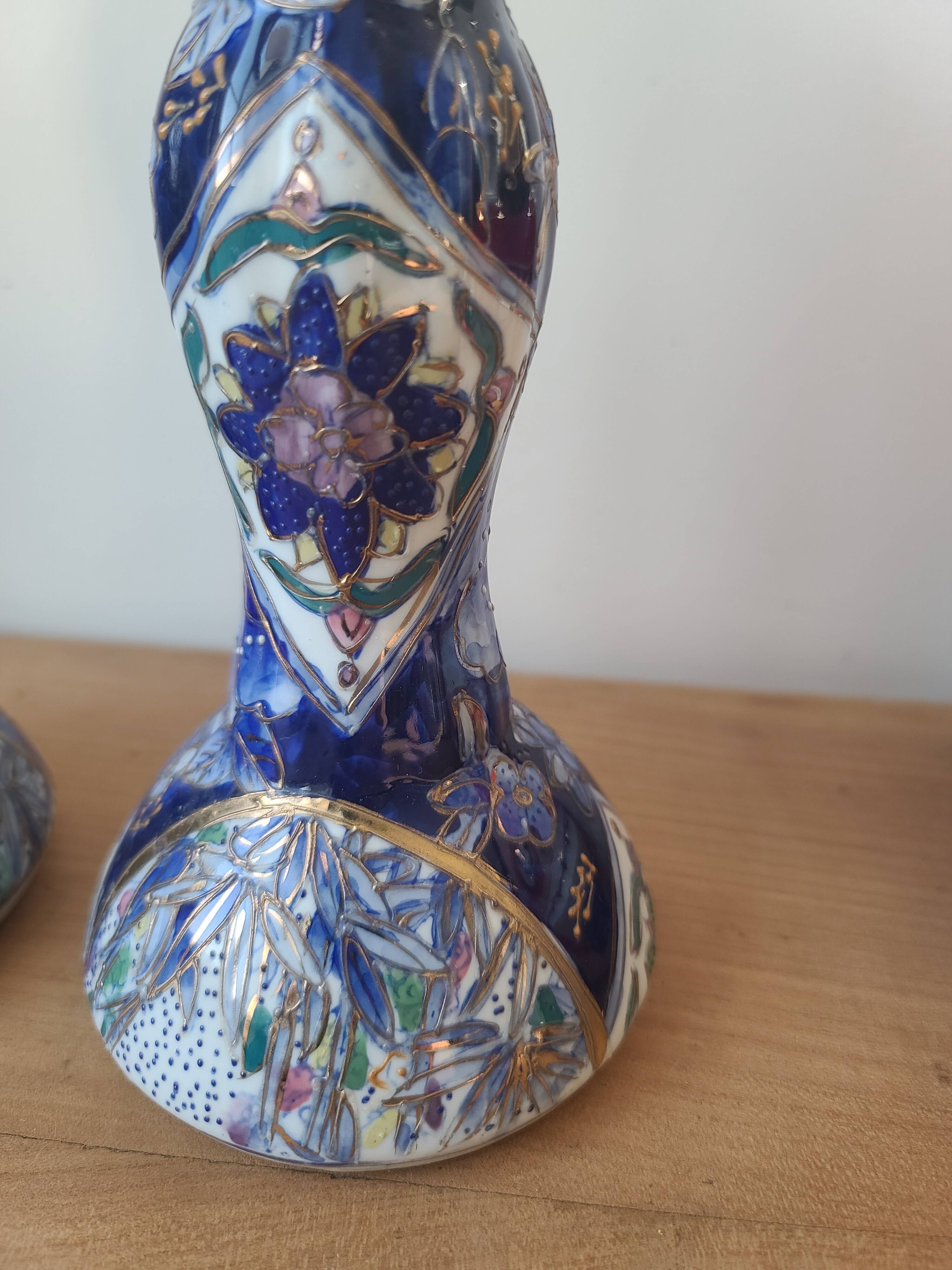 Vintage-style blue and gold floral ceramic candlesticks CHMR