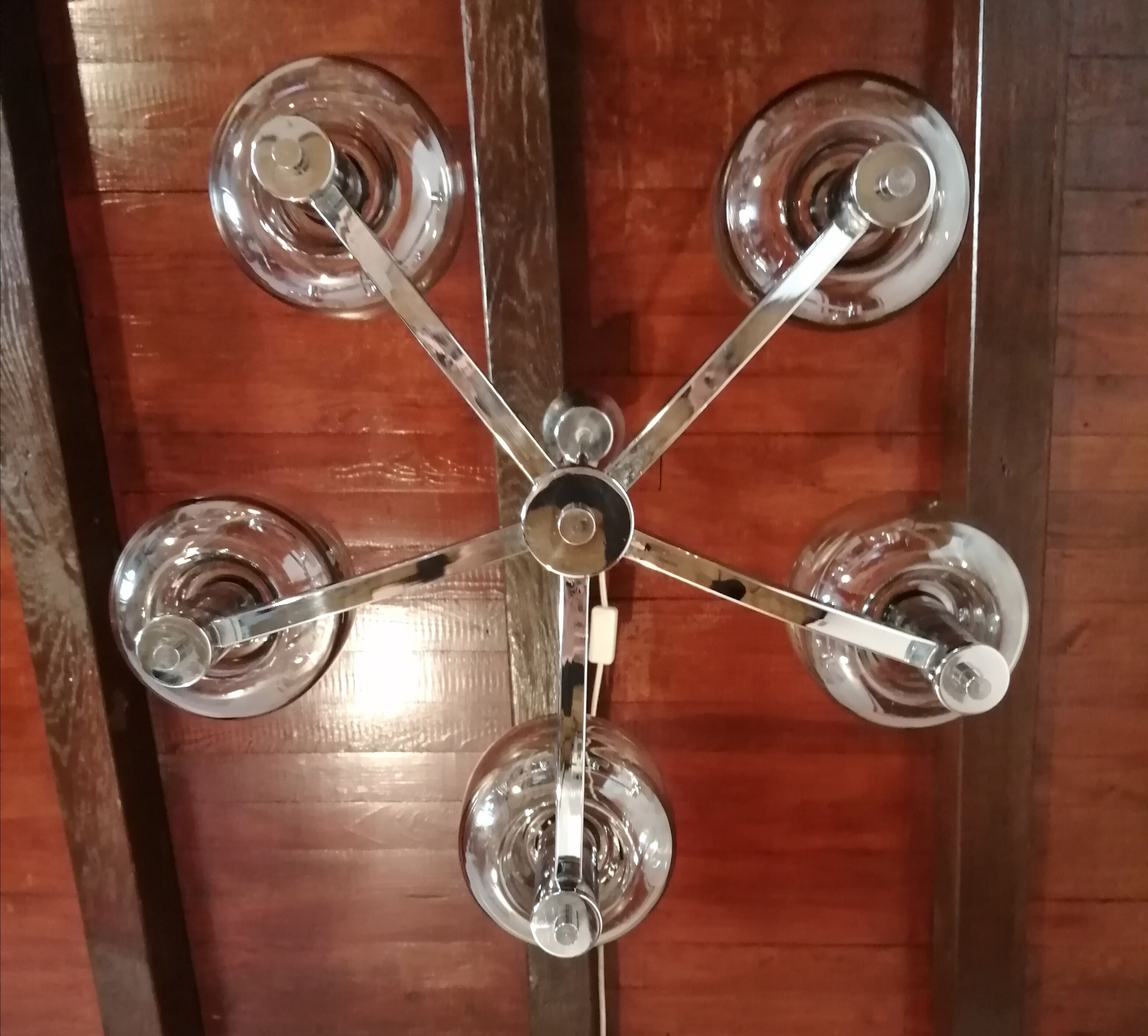 5-spoke chromed metal chandelier and smoked glass globes from Maison See Delmas 1970 vintage