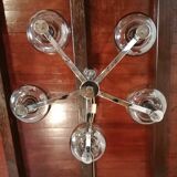 5-spoke chromed metal chandelier and smoked glass globes from Maison See Delmas 1970 vintage