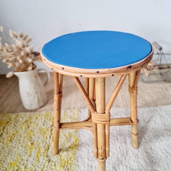 Sellette en rotin - tabouret plateau peint rond bleu klein