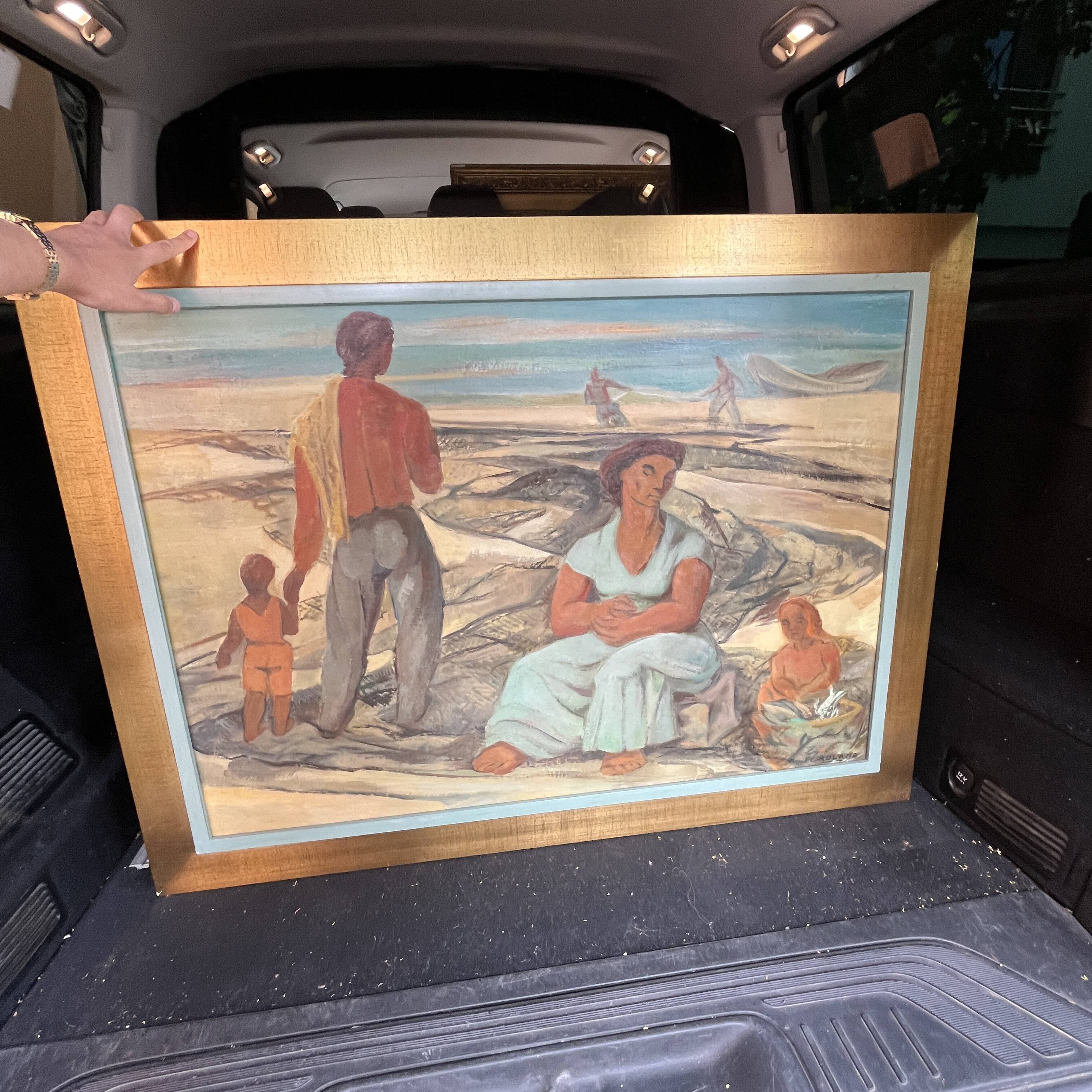 Painting "return from fishing", oil on panel, flory roland ca 1945