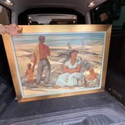 Painting "return from fishing", oil on panel, flory roland ca 1945