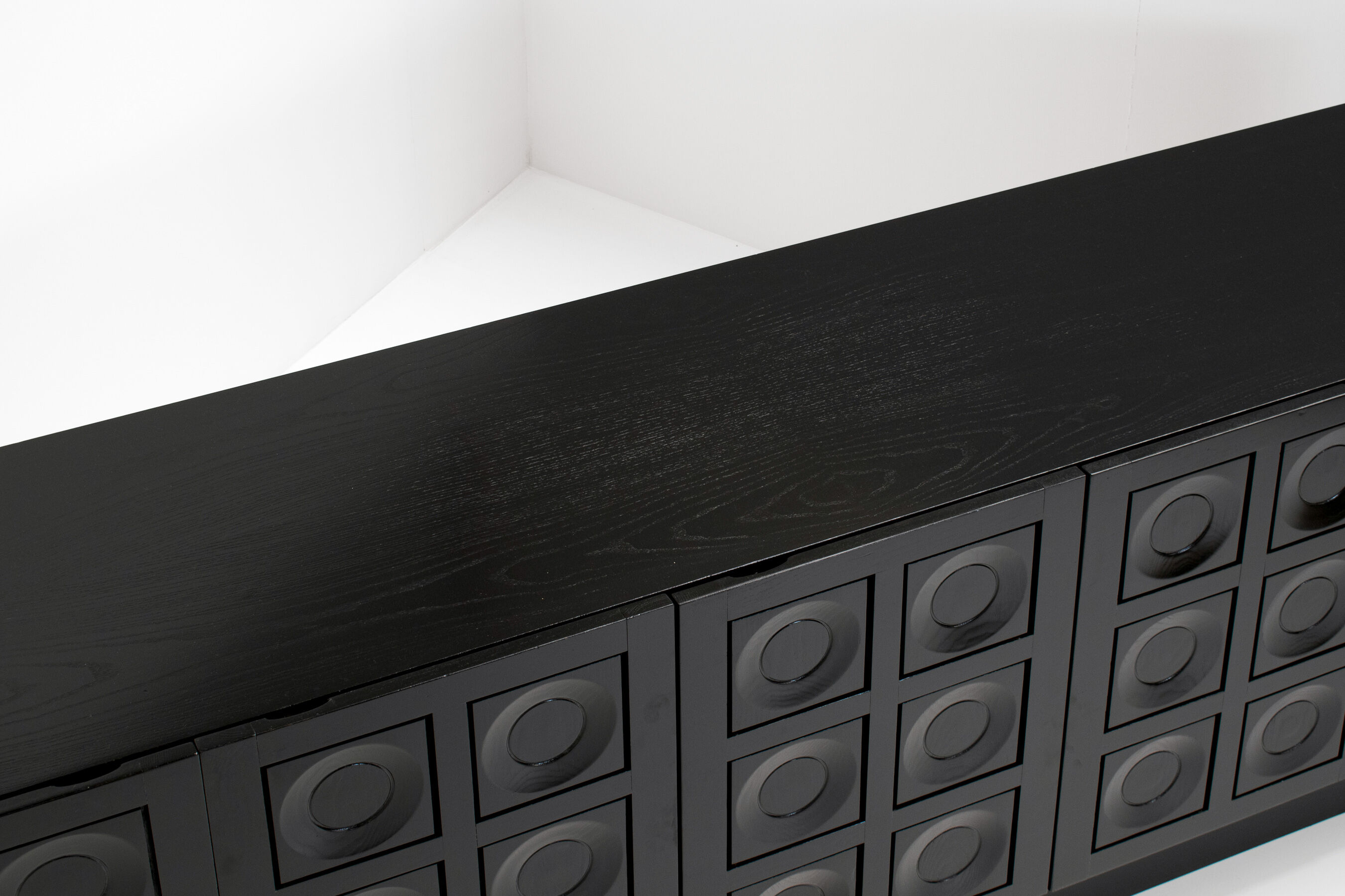 Black brutalist sideboard with graphic patterned doors, belgium 1970s