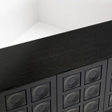 Black brutalist sideboard with graphic patterned doors, belgium 1970s