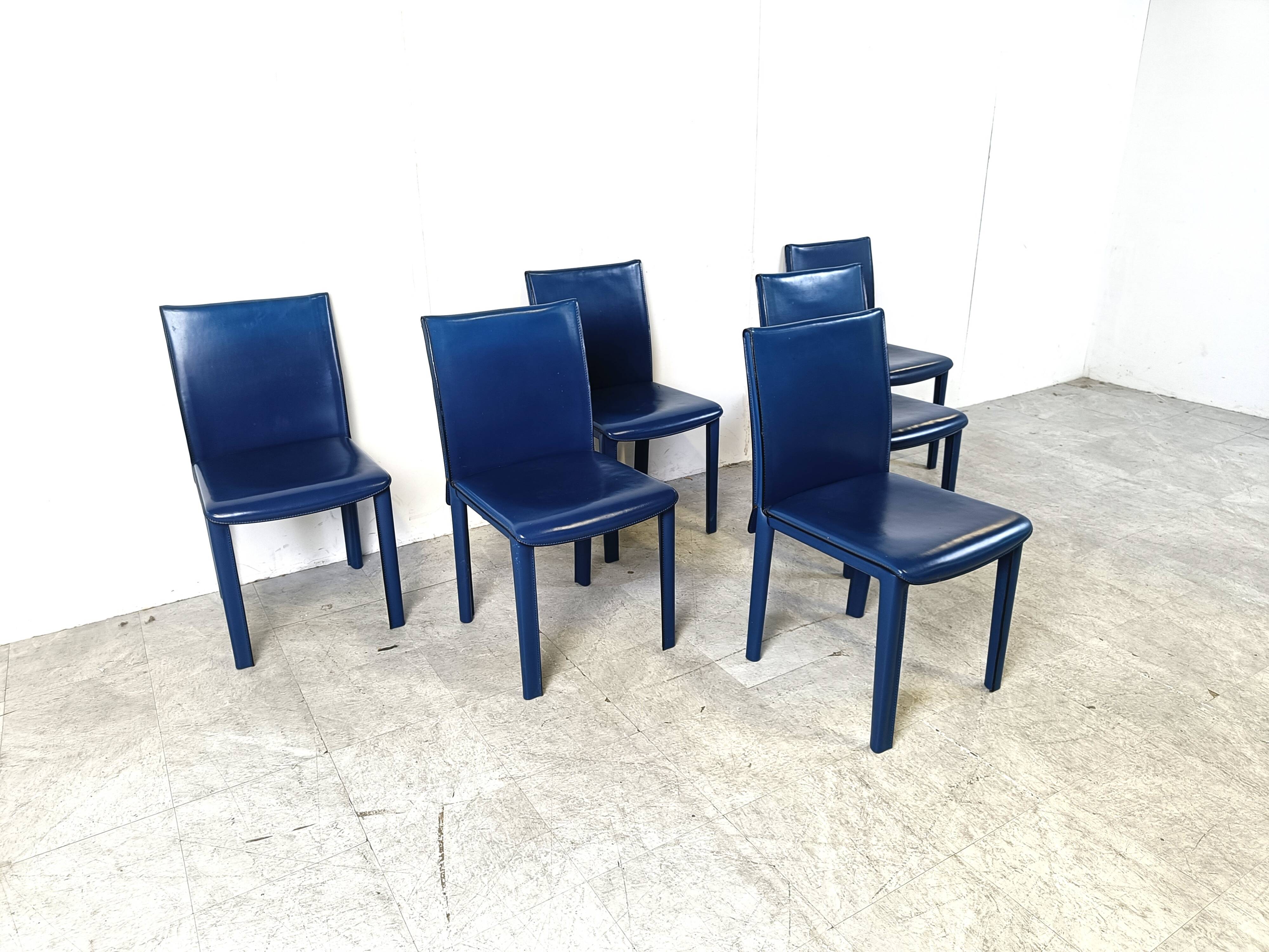 Vintage blue leather dining chairs by Arper Italy, 1980s