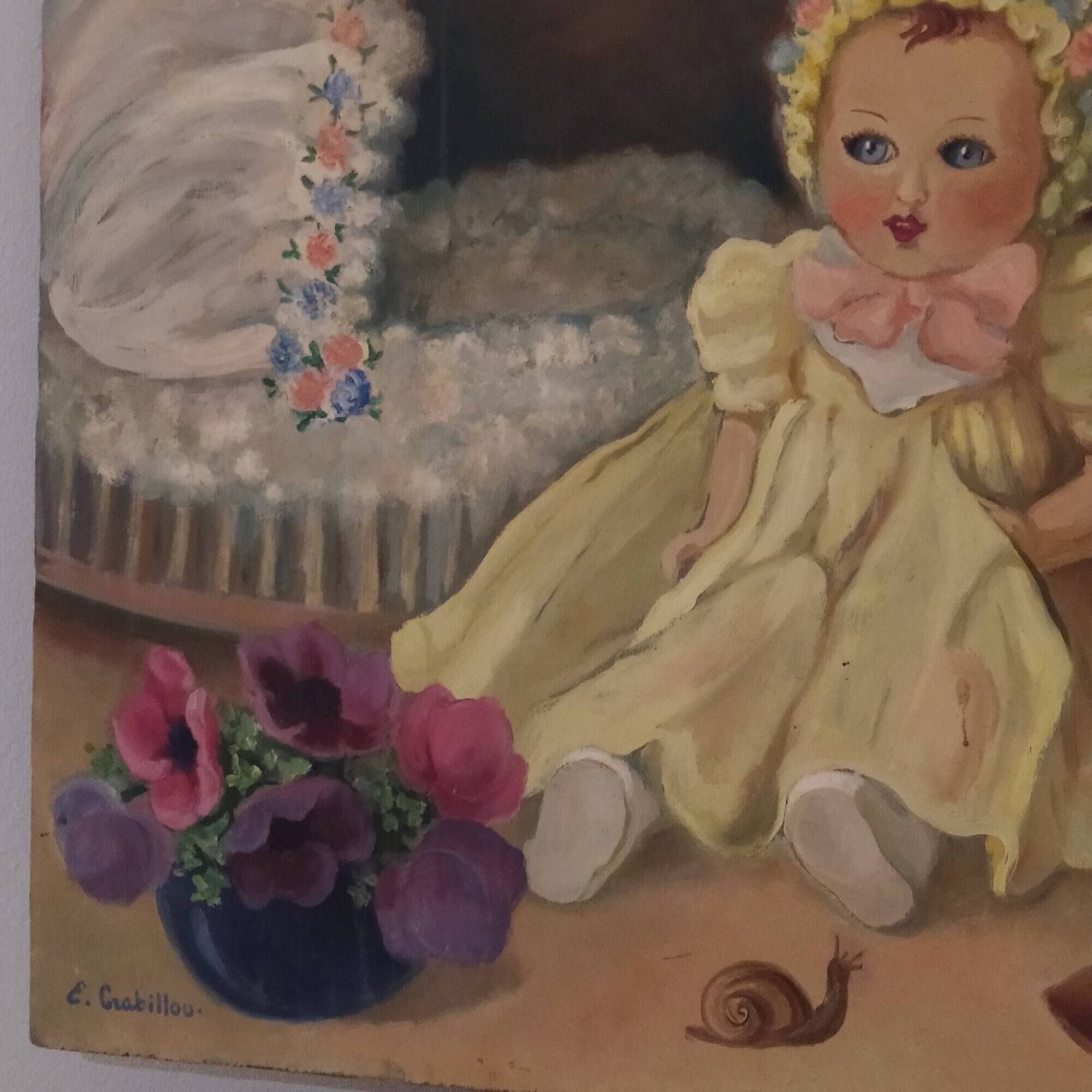 Oil on panel vintage 1930/1950 doll portrait