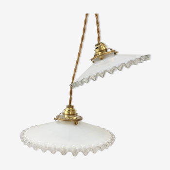 Pair of vintage white opaline pendant lamps with serrated edges