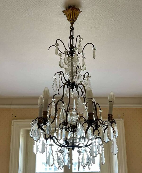 Lustre 6 feux en bronze et cristal taillé du début XXème - 1mx50cm