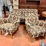 Fauteuils et canapé vintage pieds compas 1950 ancien motif floral