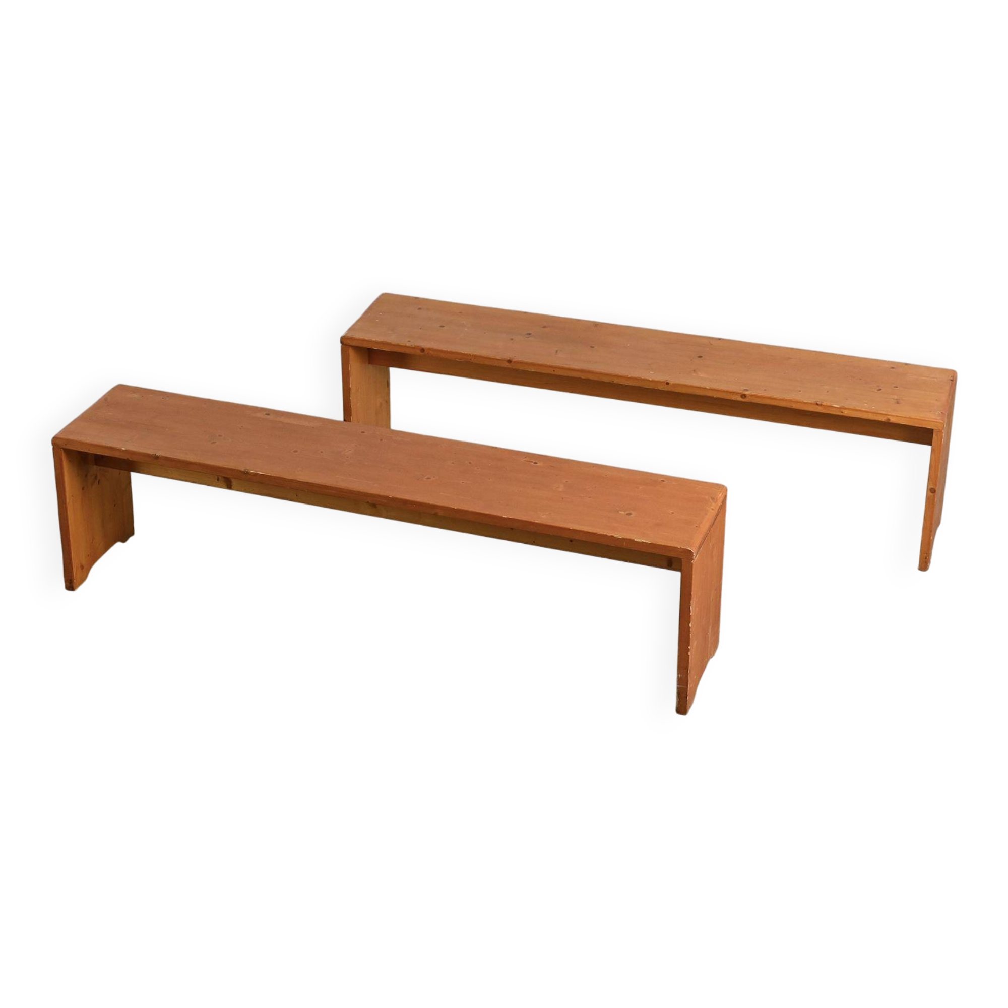 Pair of solid pine benches, France, circa 1975