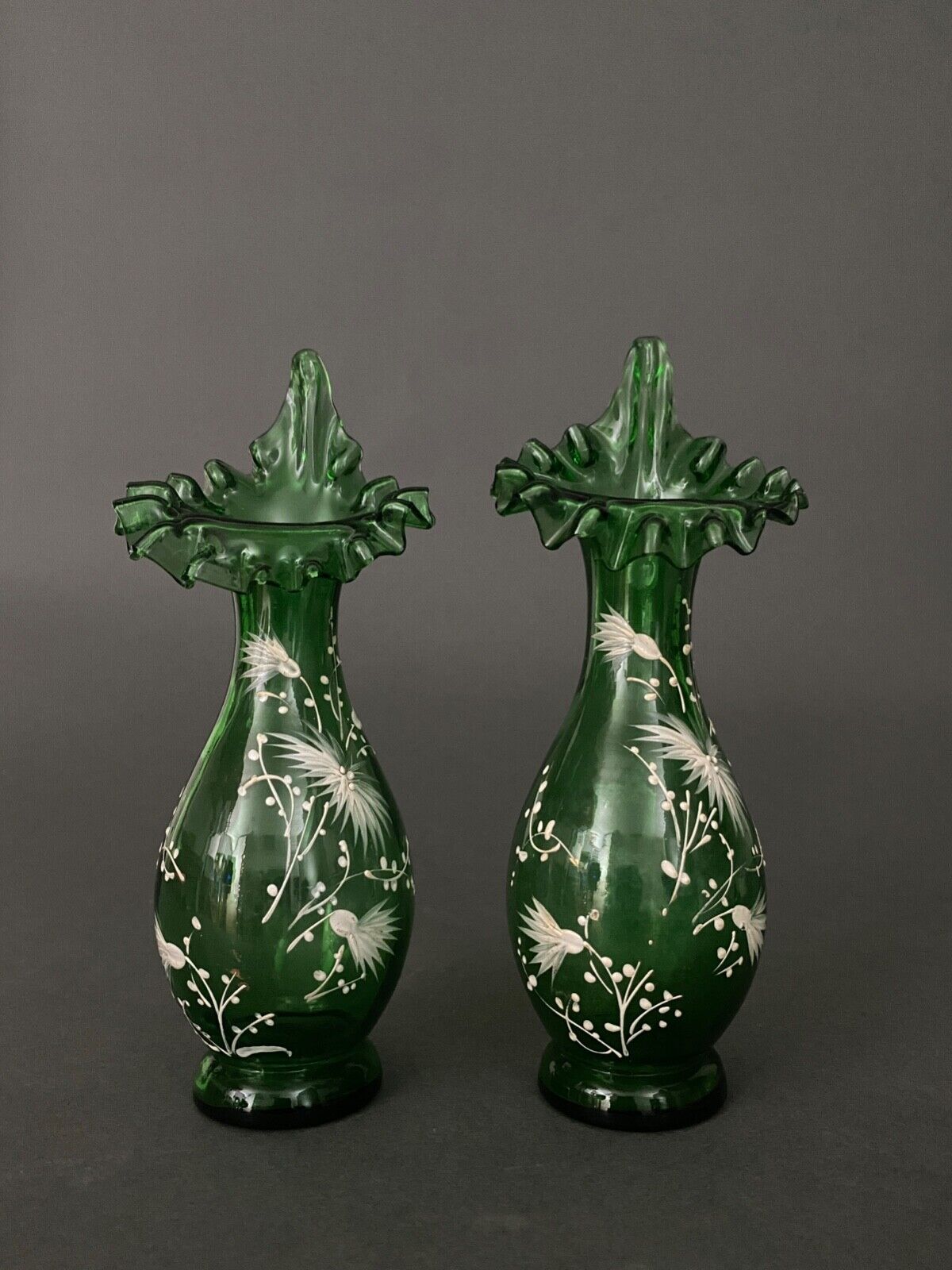 Pair of Marie Gregory vases in green floral decoration enamelled 1900