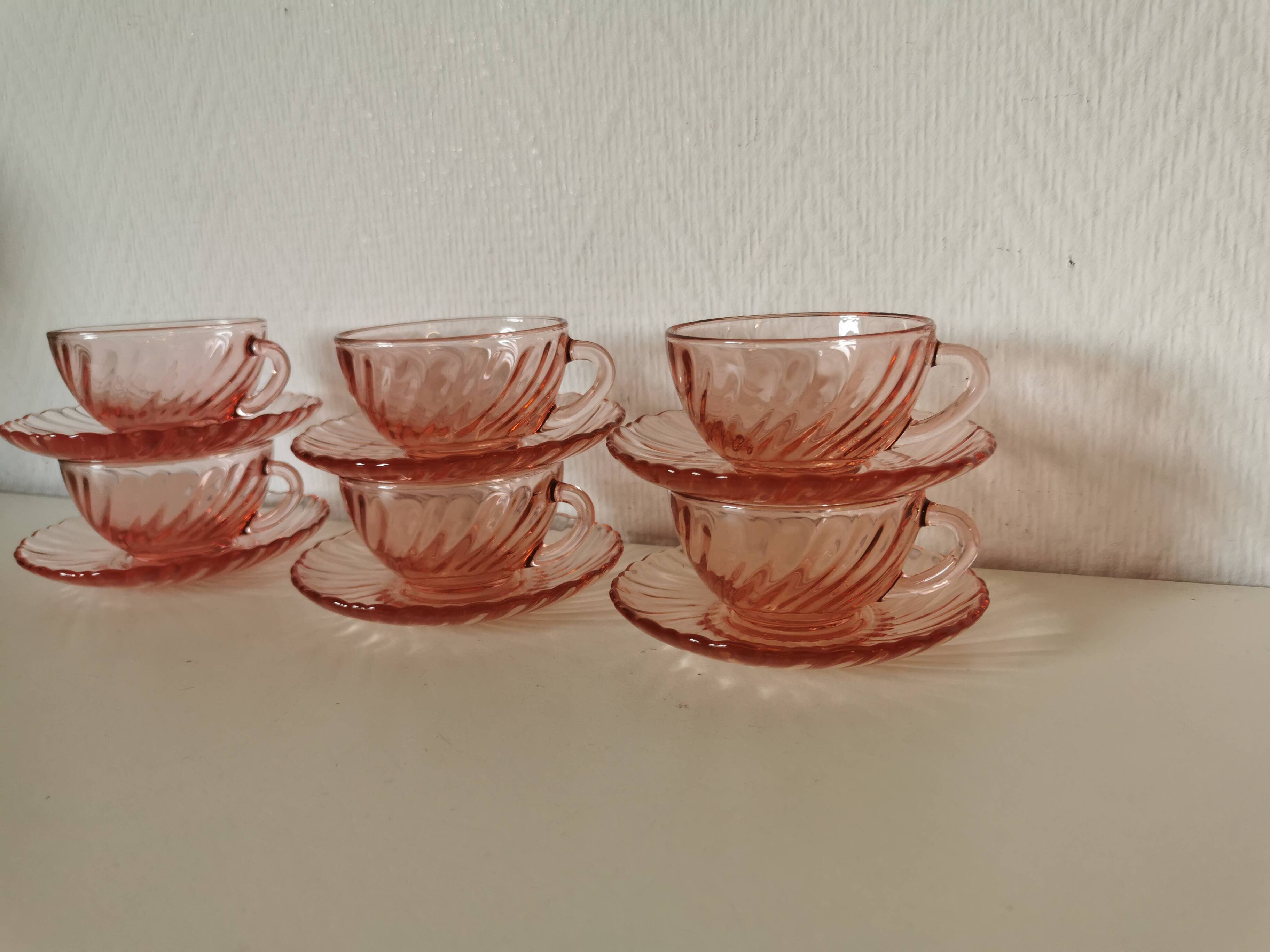 set of 6 pink glass coffee cups and saucers, rosaline