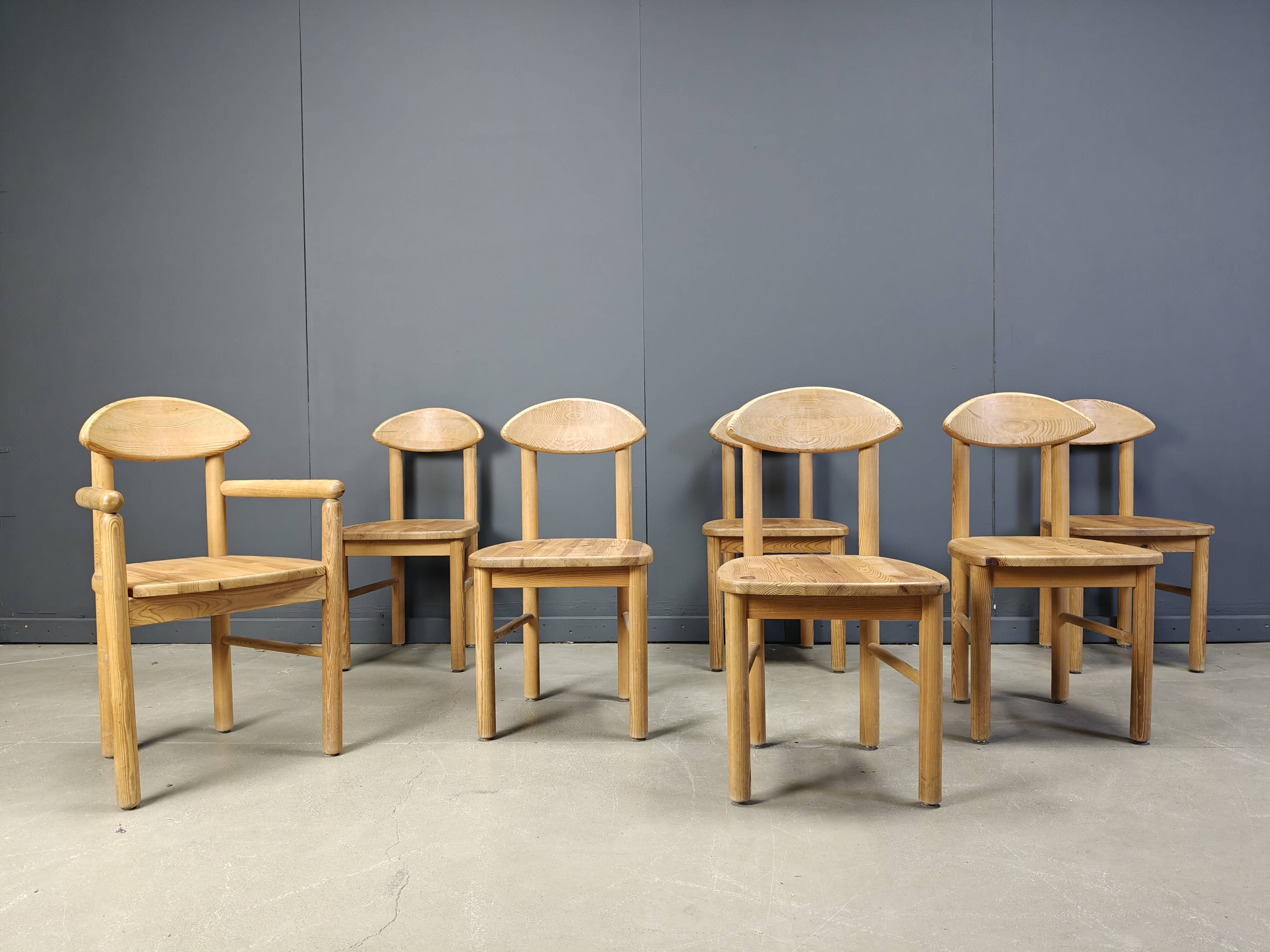 Vintage pine wood dining chairs - 1980s - set of 7