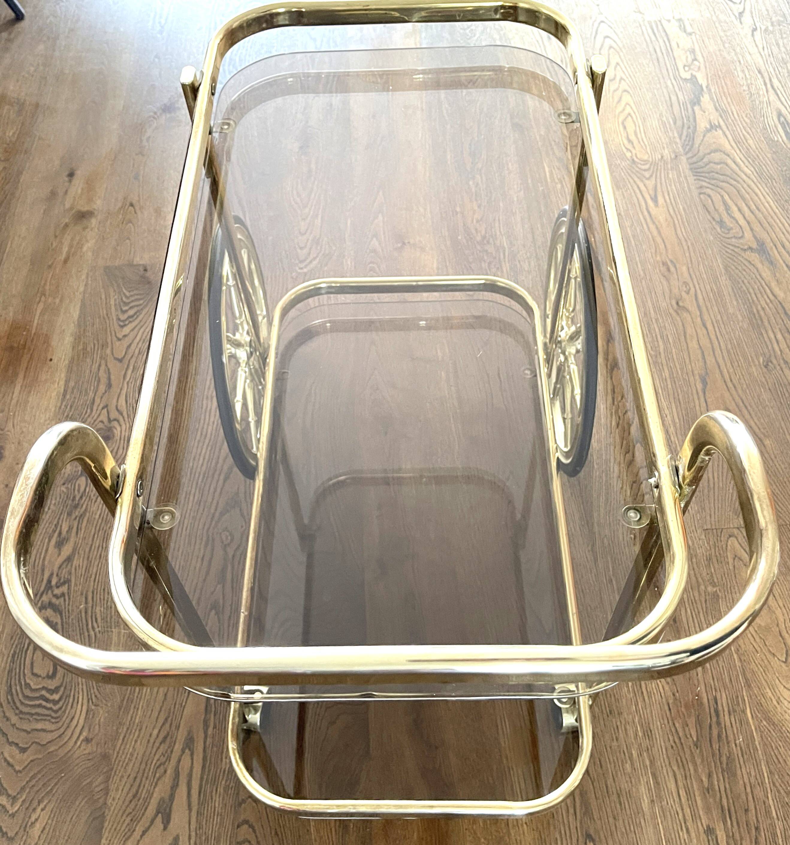 Brass and smoked glass bar trolley, 2 trays