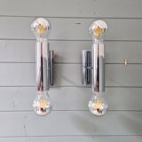 Pair of tubular double-light wall lights in chrome-plated metal, 1970s