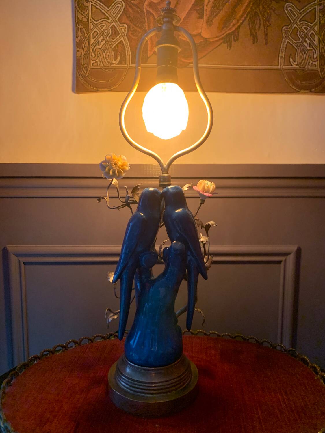 Superb Arras Lamp & Flower Faience - Silvered Bronze - Boler brand -