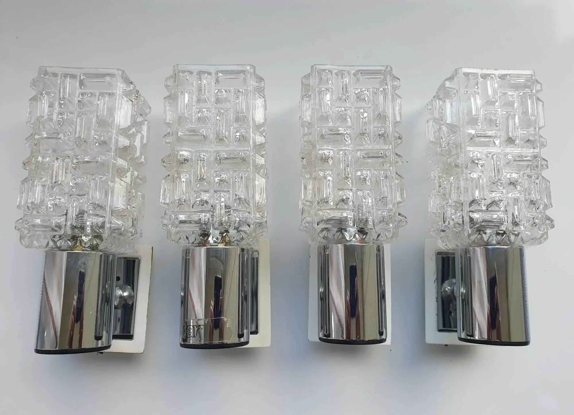 Four vintage chrome wall lights with square globes, Italian Targetti, 1970s