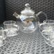 tea set: glass teapot + 4 cups + 4 saucers jeaner glas vintage