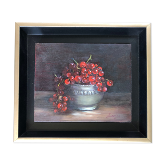 Oil on panel still life in goose currant bowl