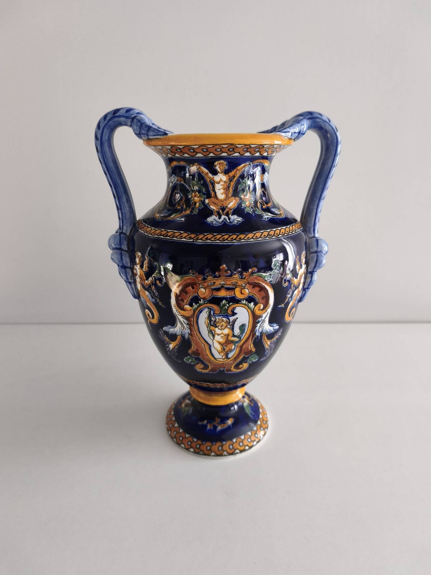 Vase balustre à anses faïence de Gien - Renaissance Bleu - H 28,5 cm