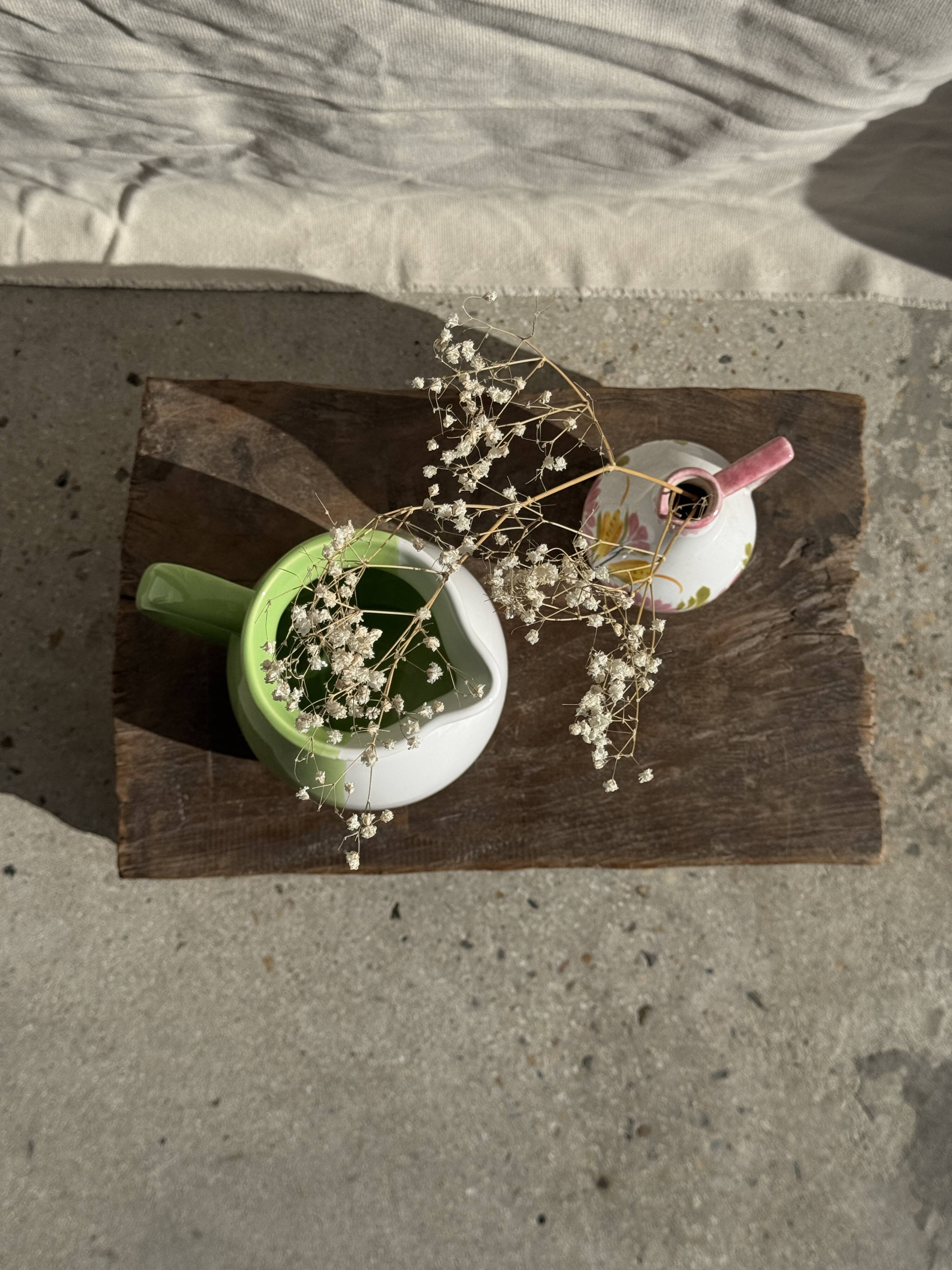 Mini vase with stylised flowers in green and yellow roses, H15.5.