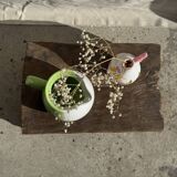 Mini vase with stylised flowers in green and yellow roses, H15.5.