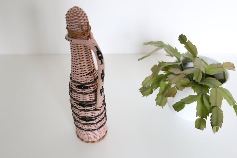 Pink and black scoubidou bottle, vintage, years 60