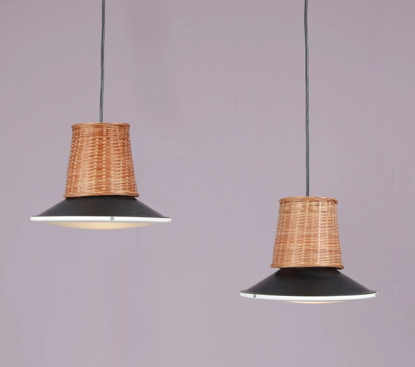 1950s set of 2 hanging lamps wicker/black metal/glass