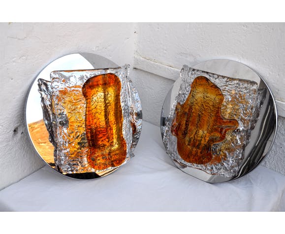 Pair of sconces Mazzega bicolor murano glass 1970