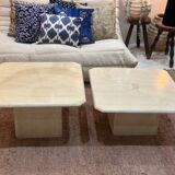 Pair of square nesting coffee tables in white beige travertine marble