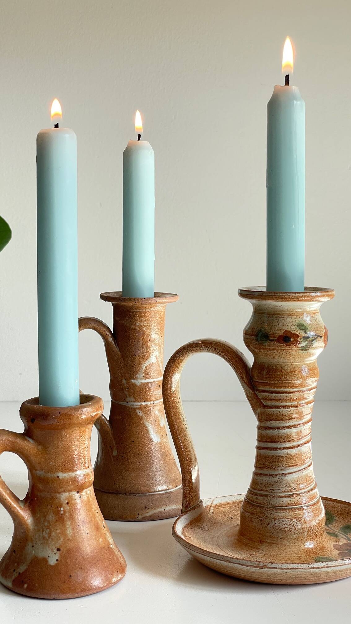 3 vintage handcrafted pottery candle holders