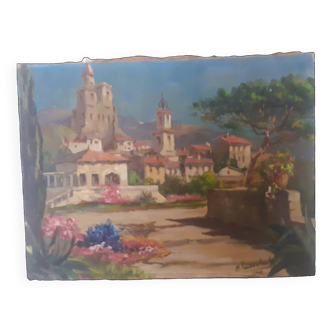 Canvas painting representing a Mediterranean village