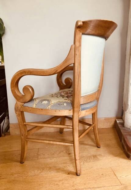 19th century St Empire armchair in pegged blond walnut with cross-stitched tapestries