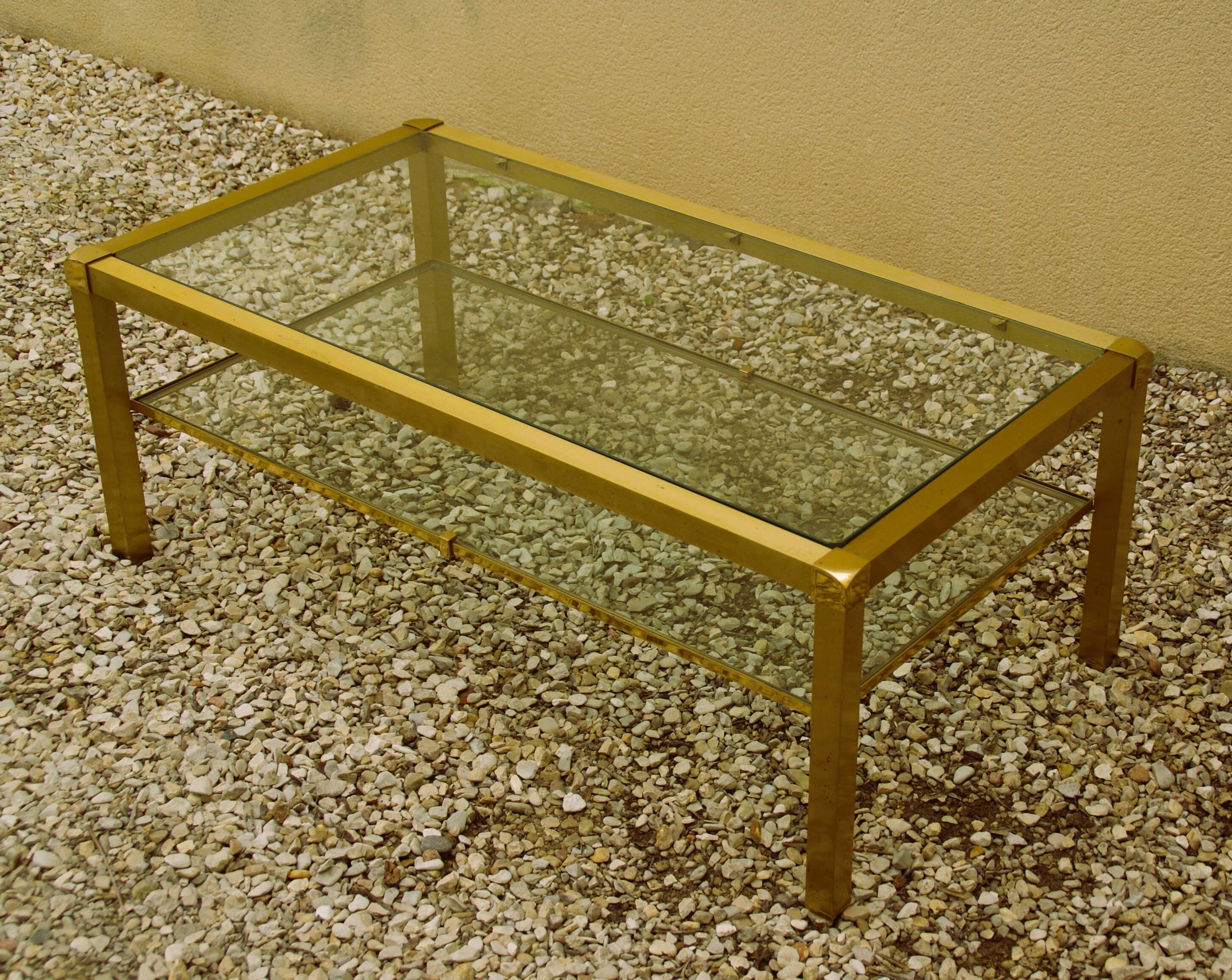 Roche Bobois coffee table in gilded brass and glass from the 70s