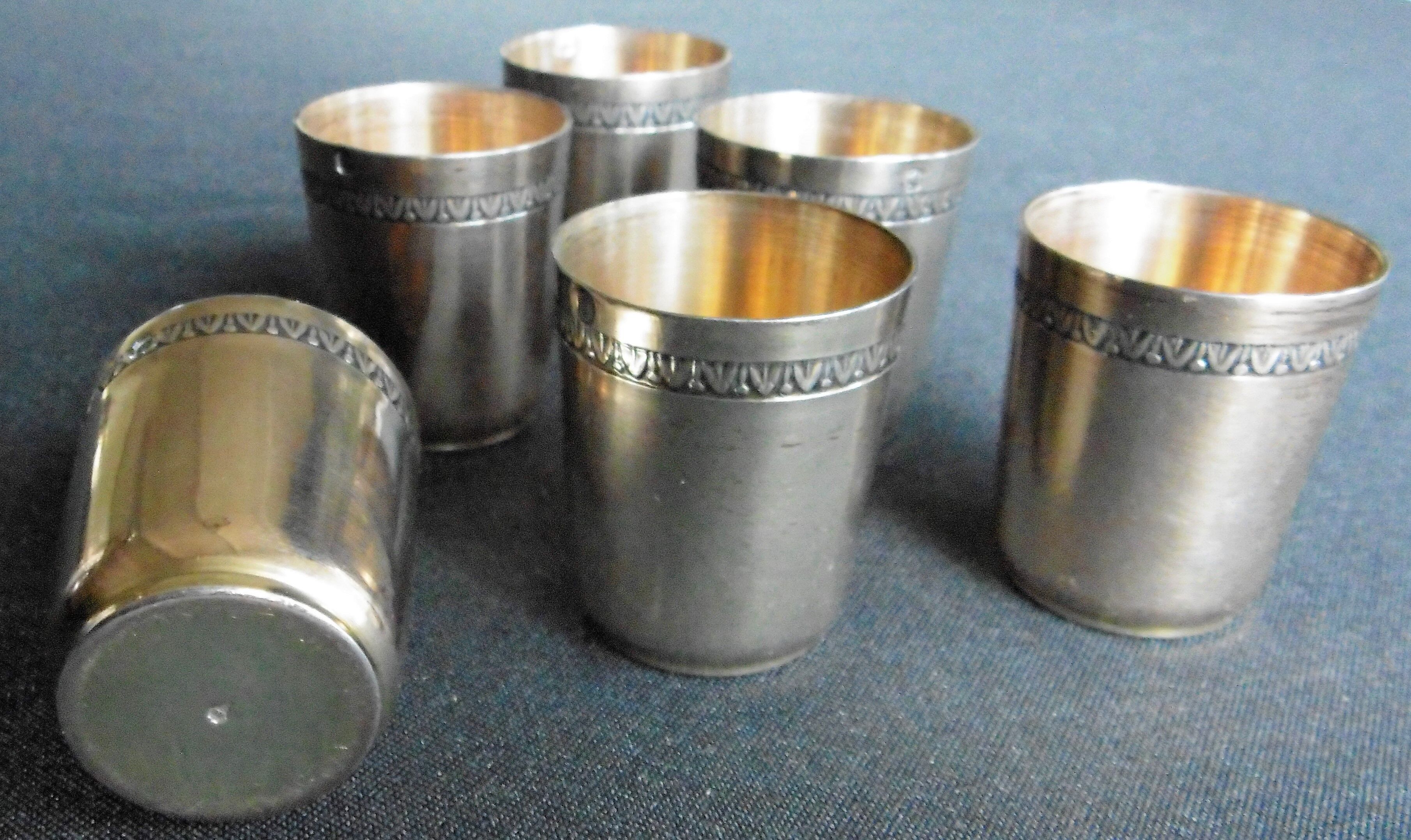 6 solid silver liqueur glasses, interior vermeil, Punches Minerve 925