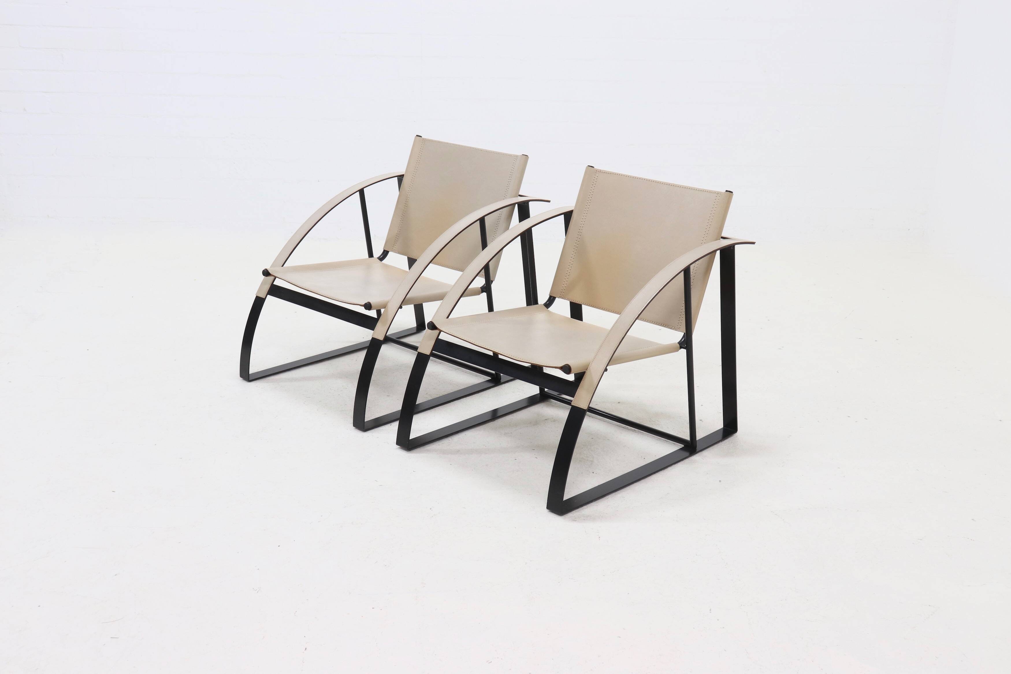 Set of 2 Post Modern Saddle Leather and Steel Armchairs 1970s