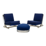 Pair of armchairs and pouf in chrome steel. 1970s, Valérian Rybar.