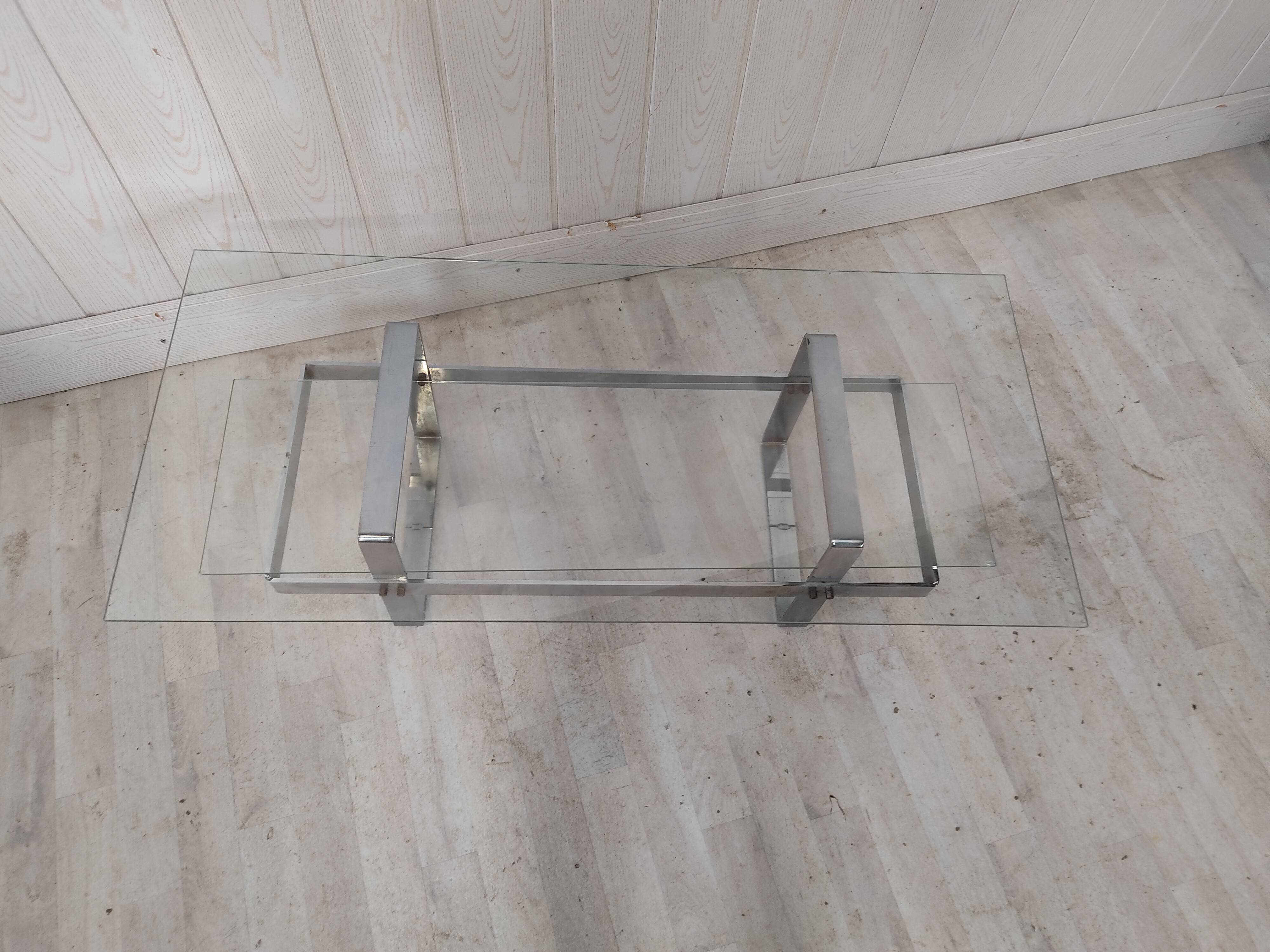 Table basse vintage acier chromé et verre
