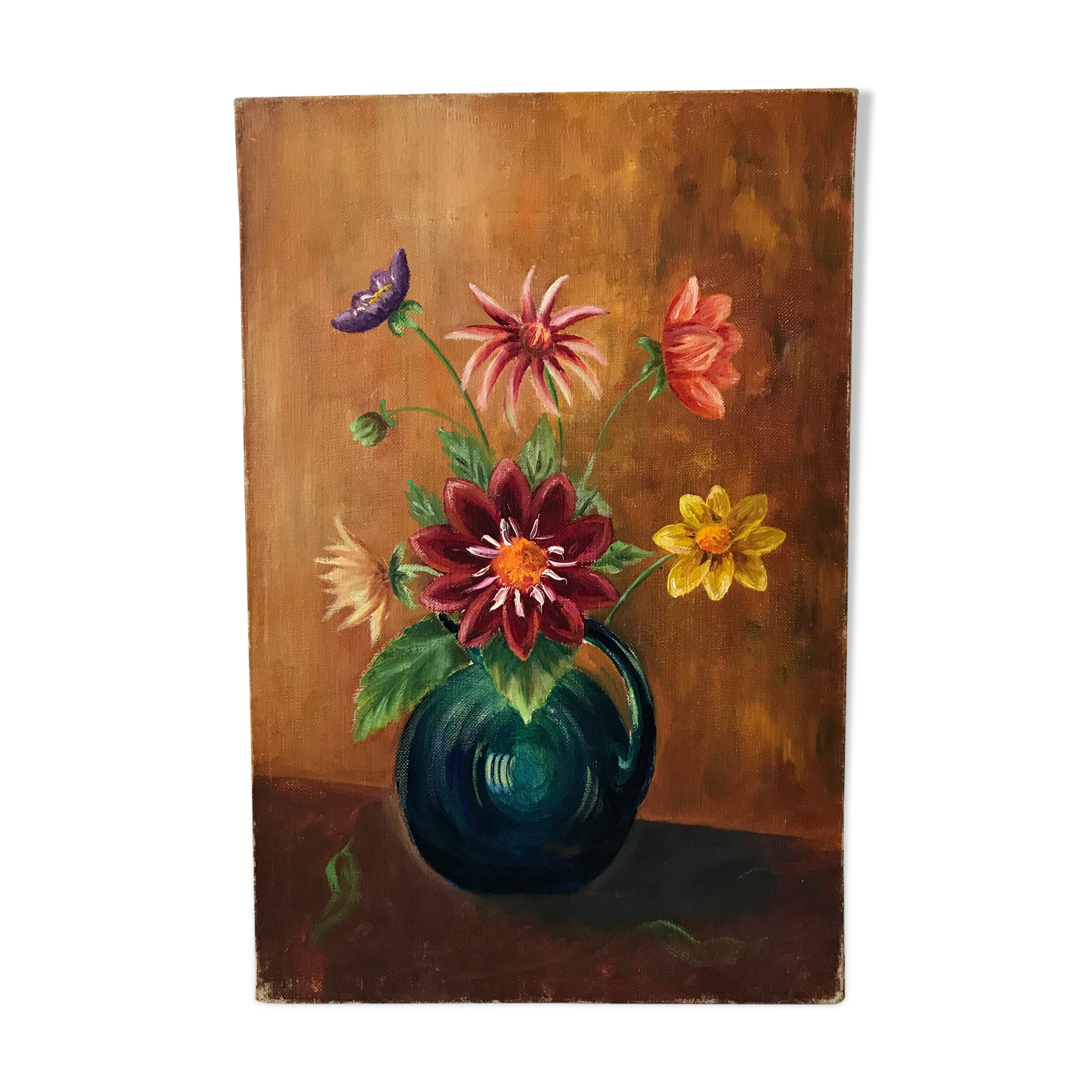 Old oil on canvas painting bouquet of vintage flowers
