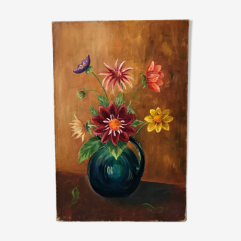Old oil on canvas painting bouquet of vintage flowers