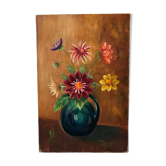 Old oil on canvas painting bouquet of vintage flowers